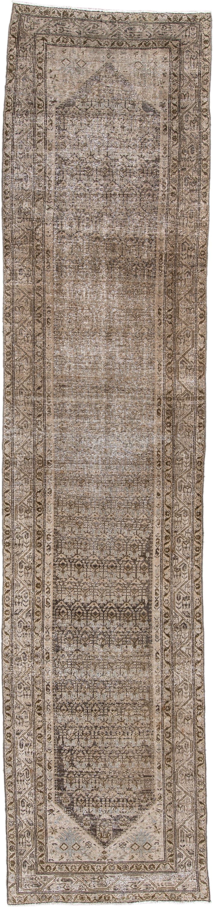 3' x 13' one-of-a-kind handmade antique Malayer runner rug. Color palette: taupe, ivory, camel, charcoal, brown, slate, sage