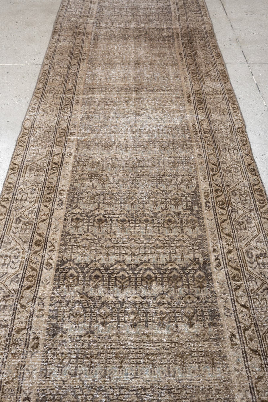 3' x 13' one-of-a-kind handmade antique Malayer runner rug. Color palette: taupe, ivory, camel, charcoal, brown, slate, sage