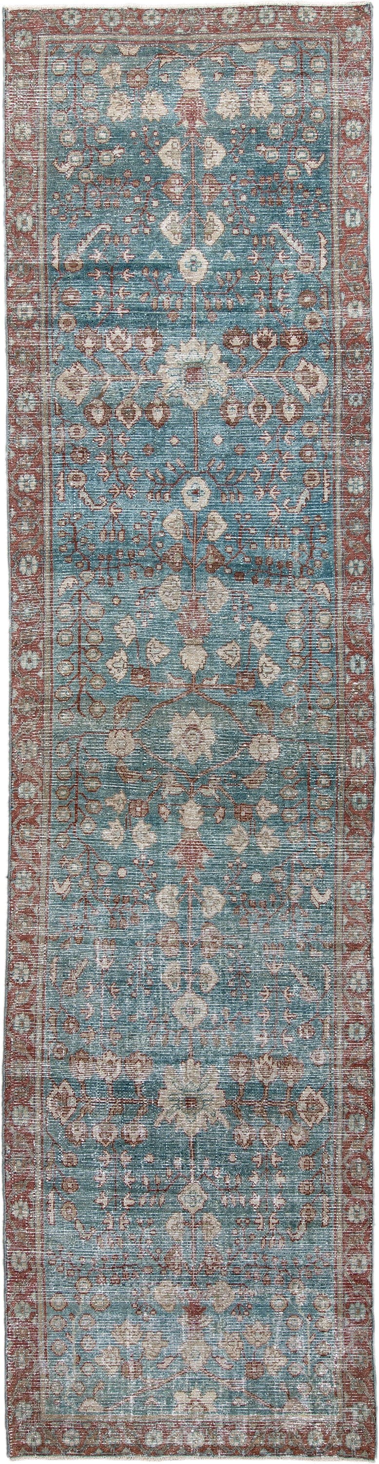 3' x 13' one-of-a-kind handmade antique Malayer runner rug. Color palette: turquoise, rust, ivory, terracotta, sage, slate