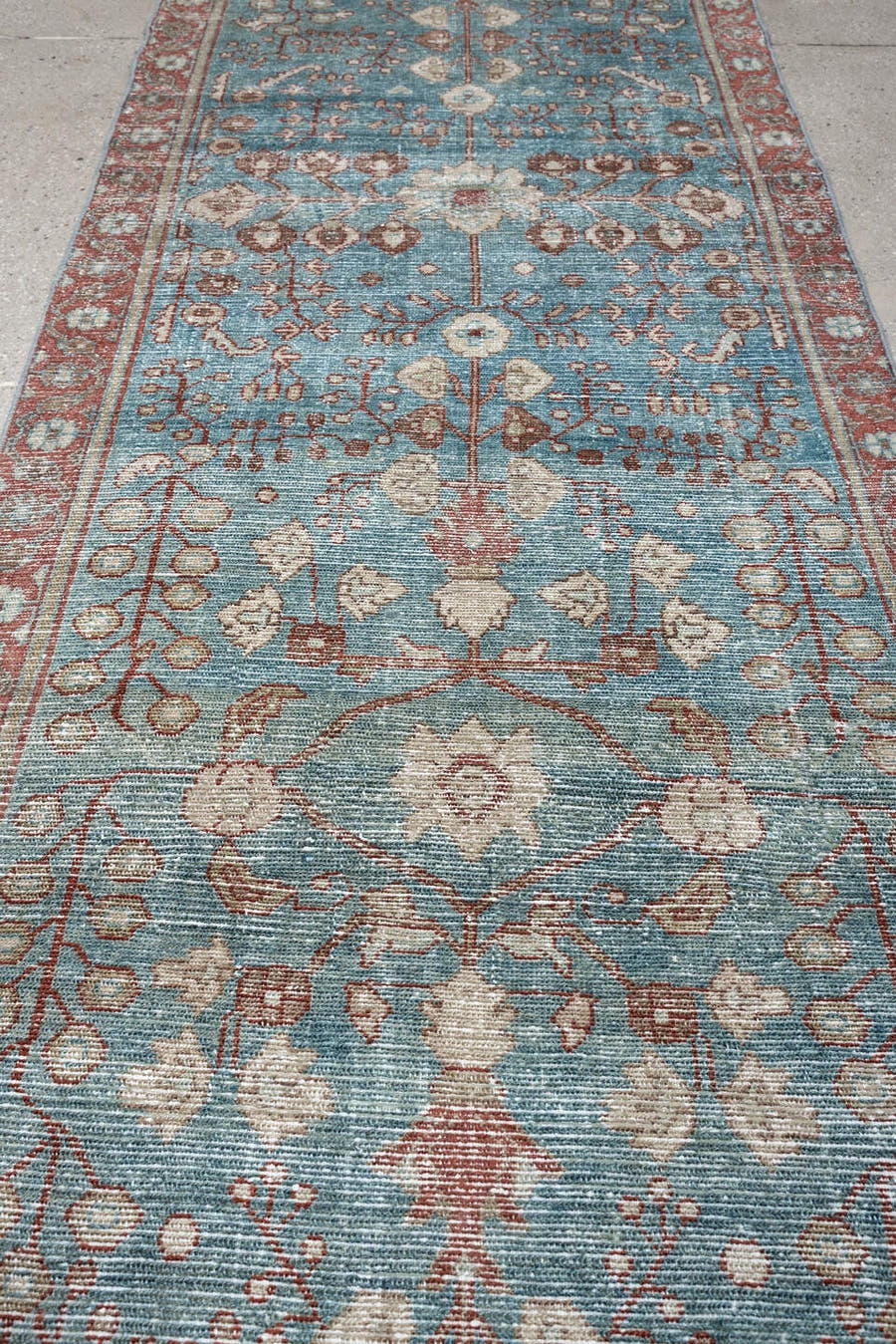3' x 13' one-of-a-kind handmade antique Malayer runner rug. Color palette: turquoise, rust, ivory, terracotta, sage, slate