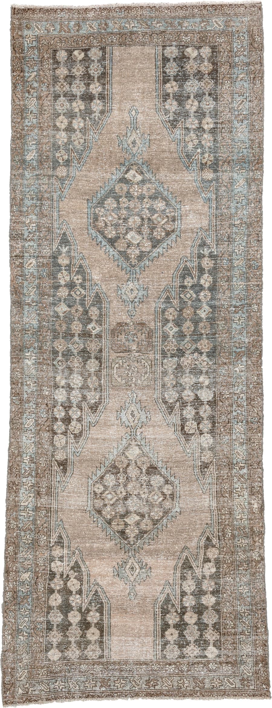 3' x 8' one-of-a-kind handmade antique Mazlagan runner rug. Color palette: taupe, ivory, blue gray, charcoal, beige, slate