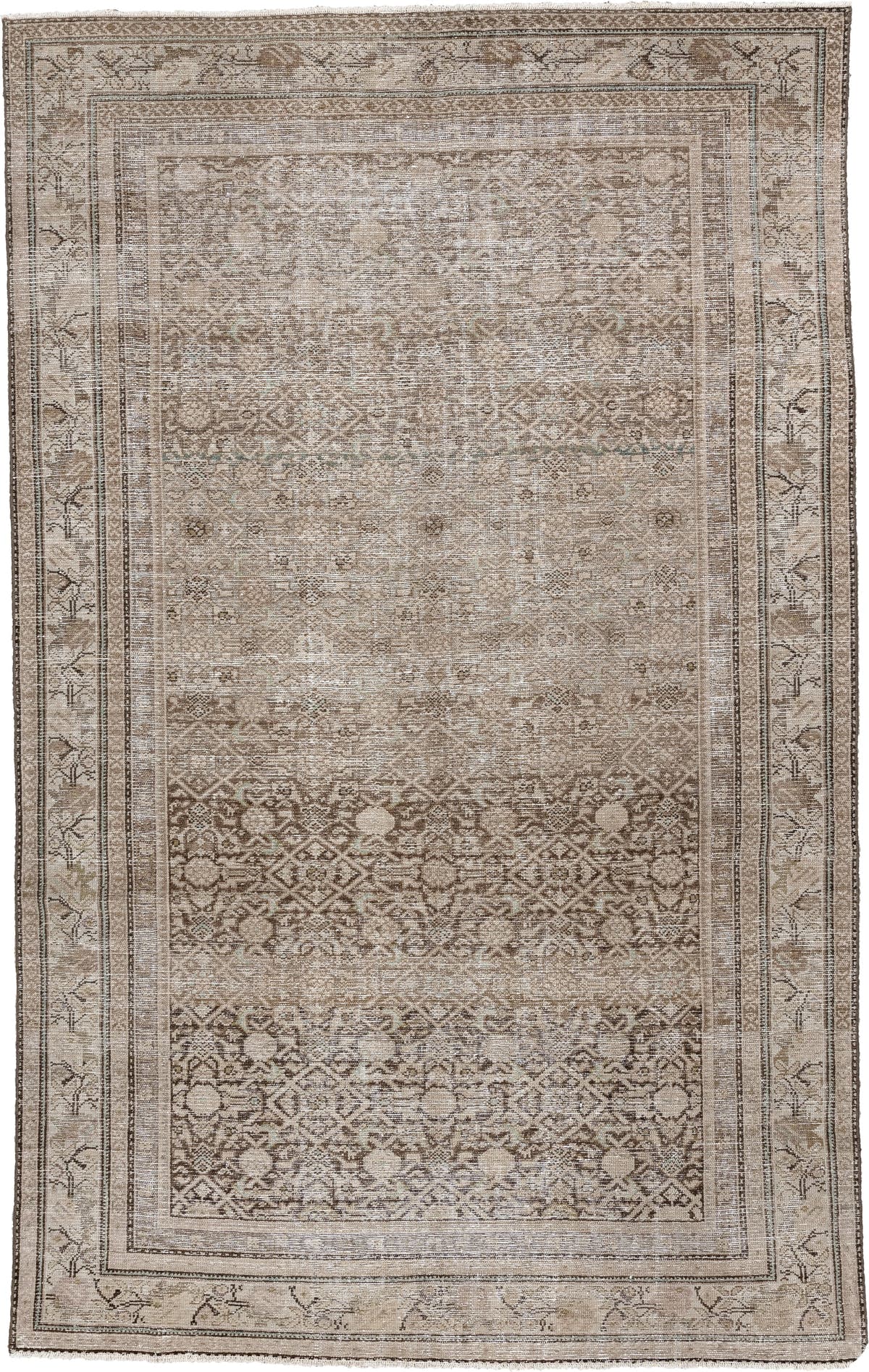 5' x 9' one-of-a-kind handmade antique Malayer medium size rug. Color palette: taupe, ivory, charcoal, brown, sage, beige