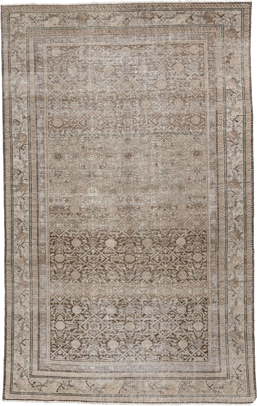 5' x 9' one-of-a-kind handmade antique Malayer medium size rug. Color palette: taupe, ivory, charcoal, brown, sage, beige