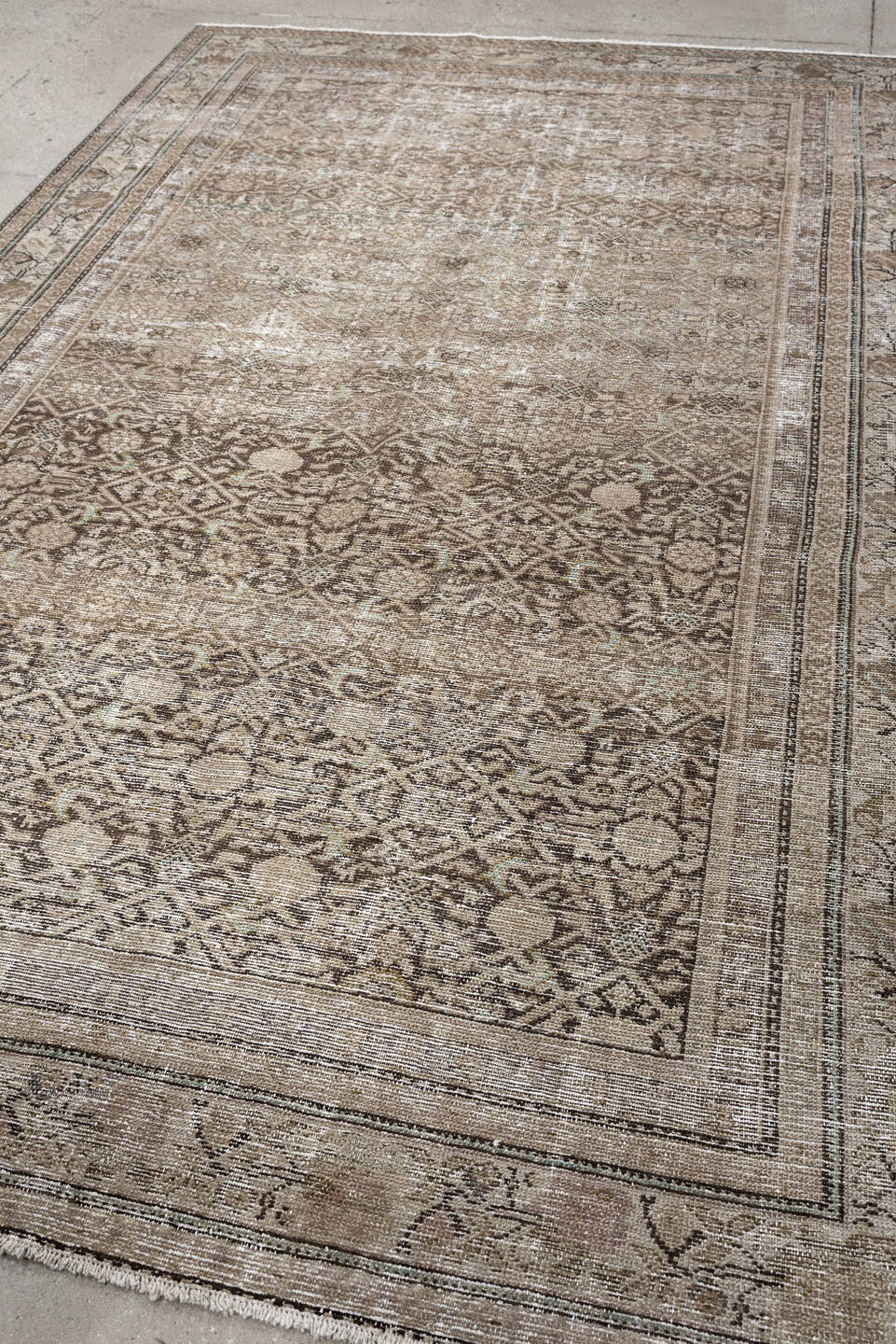 5' x 9' one-of-a-kind handmade antique Malayer medium size rug. Color palette: taupe, ivory, charcoal, brown, sage, beige