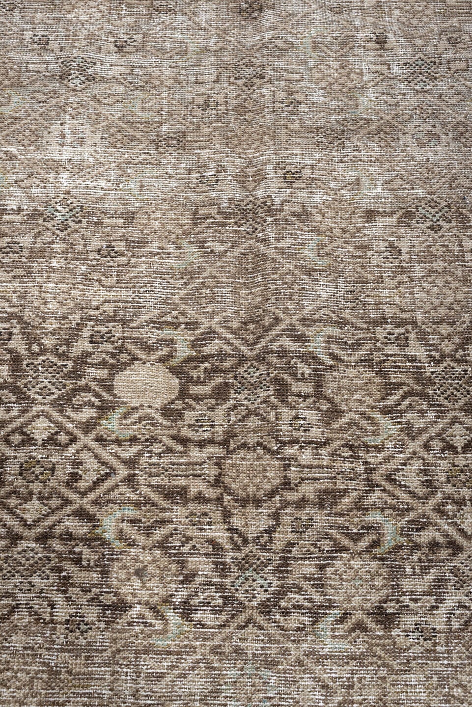 5' x 9' one-of-a-kind handmade antique Malayer medium size rug. Color palette: taupe, ivory, charcoal, brown, sage, beige