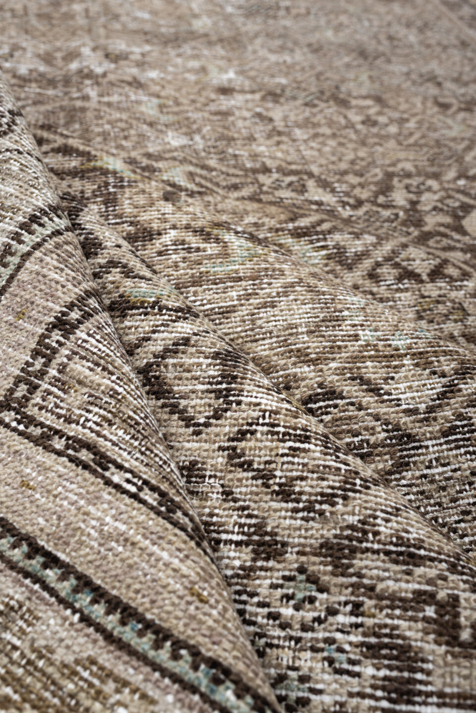 5' x 9' one-of-a-kind handmade antique Malayer medium size rug. Color palette: taupe, ivory, charcoal, brown, sage, beige