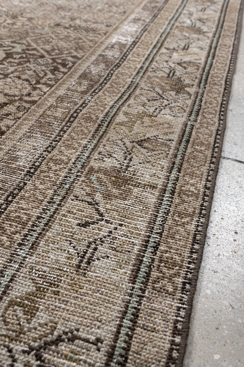 5' x 9' one-of-a-kind handmade antique Malayer medium size rug. Color palette: taupe, ivory, charcoal, brown, sage, beige
