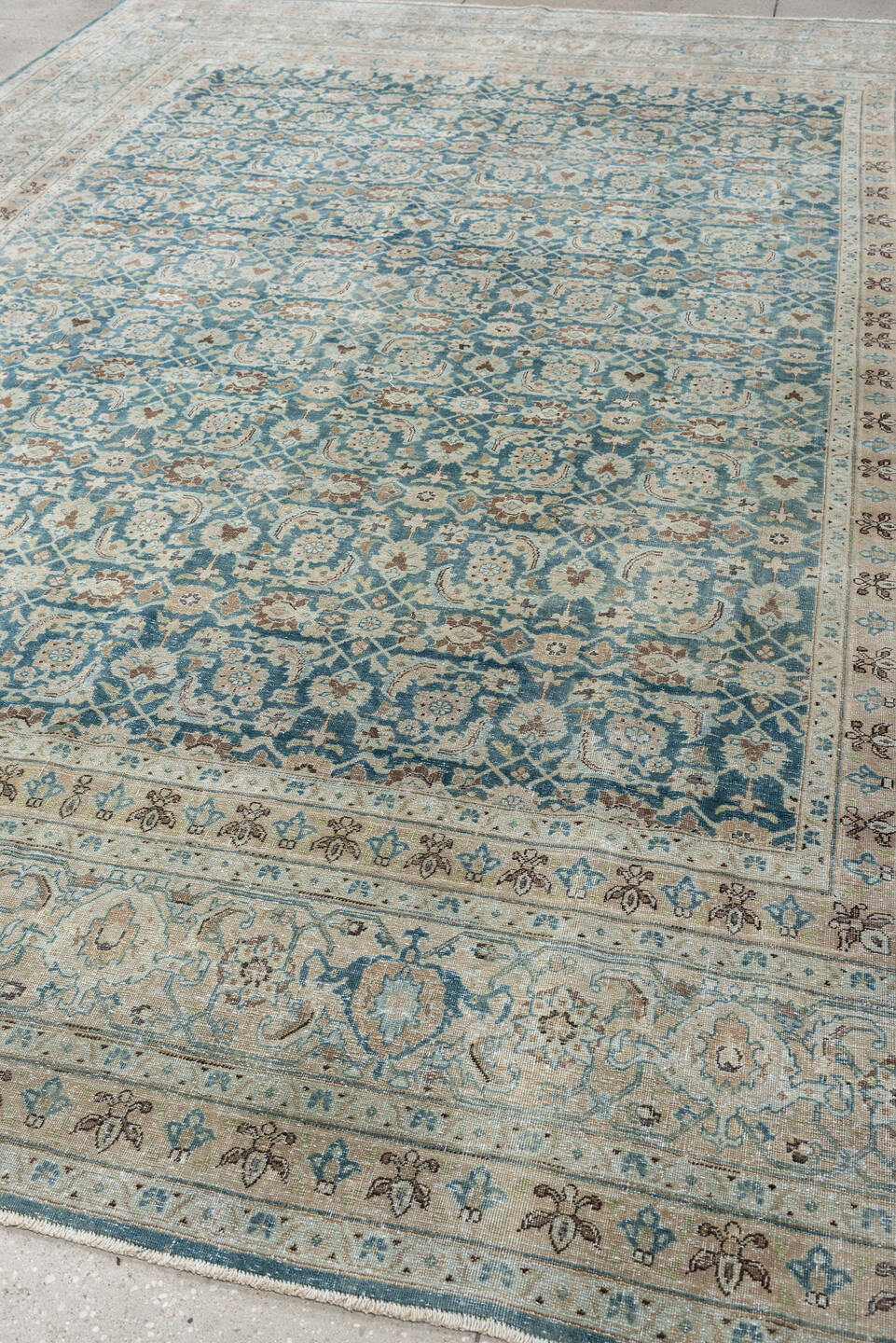9' x 12' one-of-a-kind handmade antique Tabriz large size rug. Color palette: teal, ivory, sand, taupe, camel, slate, brown