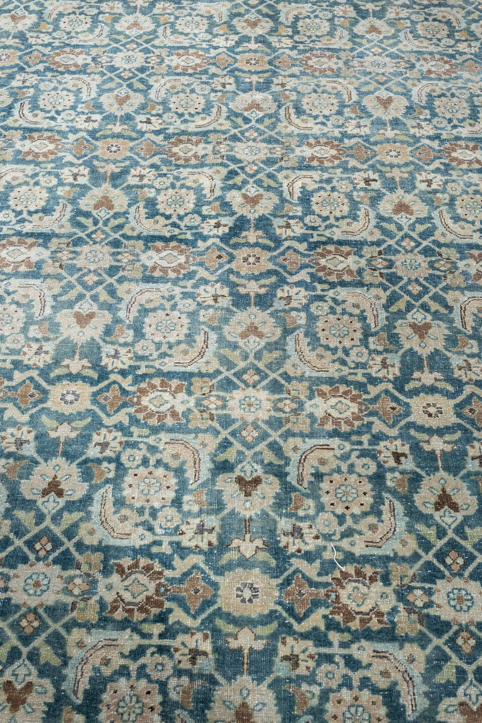 9' x 12' one-of-a-kind handmade antique Tabriz large size rug. Color palette: teal, ivory, sand, taupe, camel, slate, brown