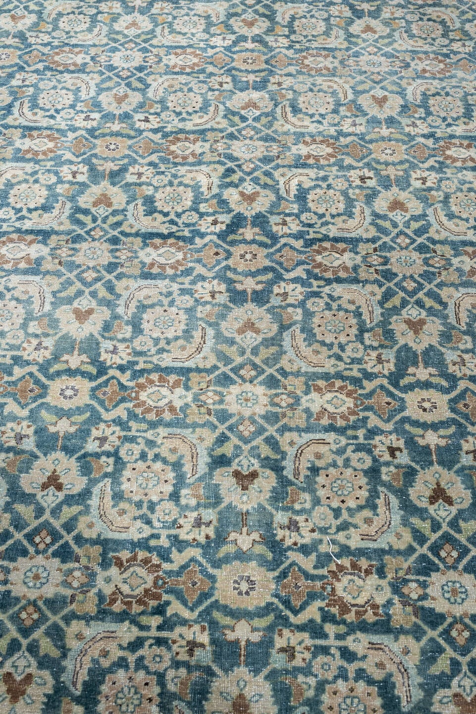 9' x 12' one-of-a-kind handmade antique Tabriz large size rug. Color palette: teal, ivory, sand, taupe, camel, slate, brown