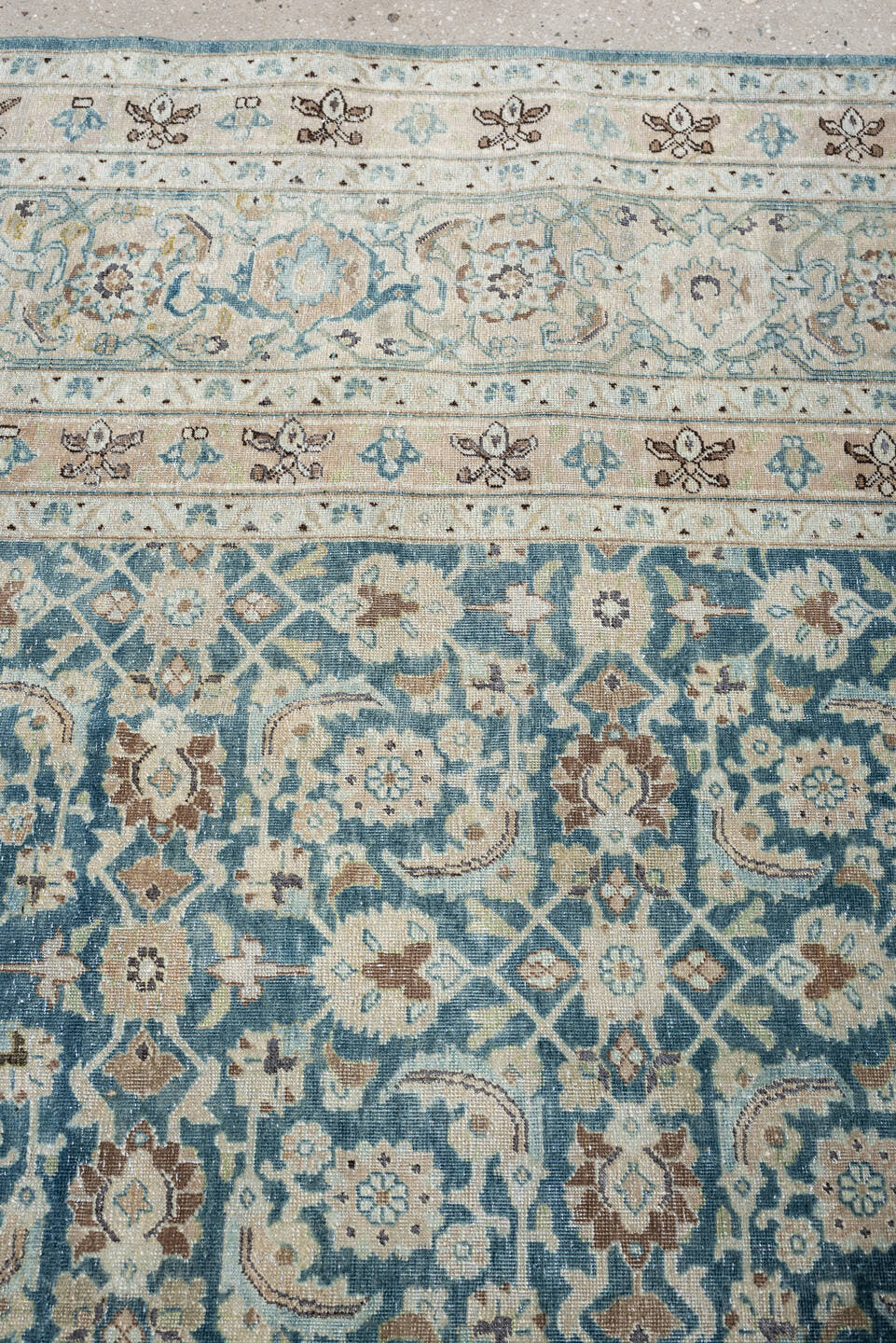 9' x 12' one-of-a-kind handmade antique Tabriz large size rug. Color palette: teal, ivory, sand, taupe, camel, slate, brown