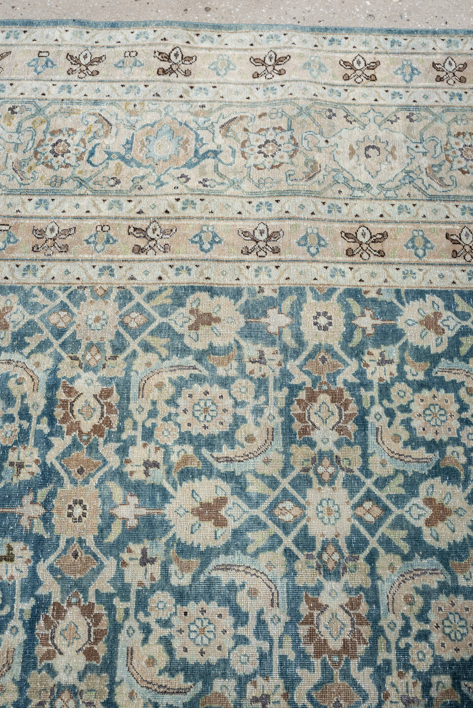9' x 12' one-of-a-kind handmade antique Tabriz large size rug. Color palette: teal, ivory, sand, taupe, camel, slate, brown