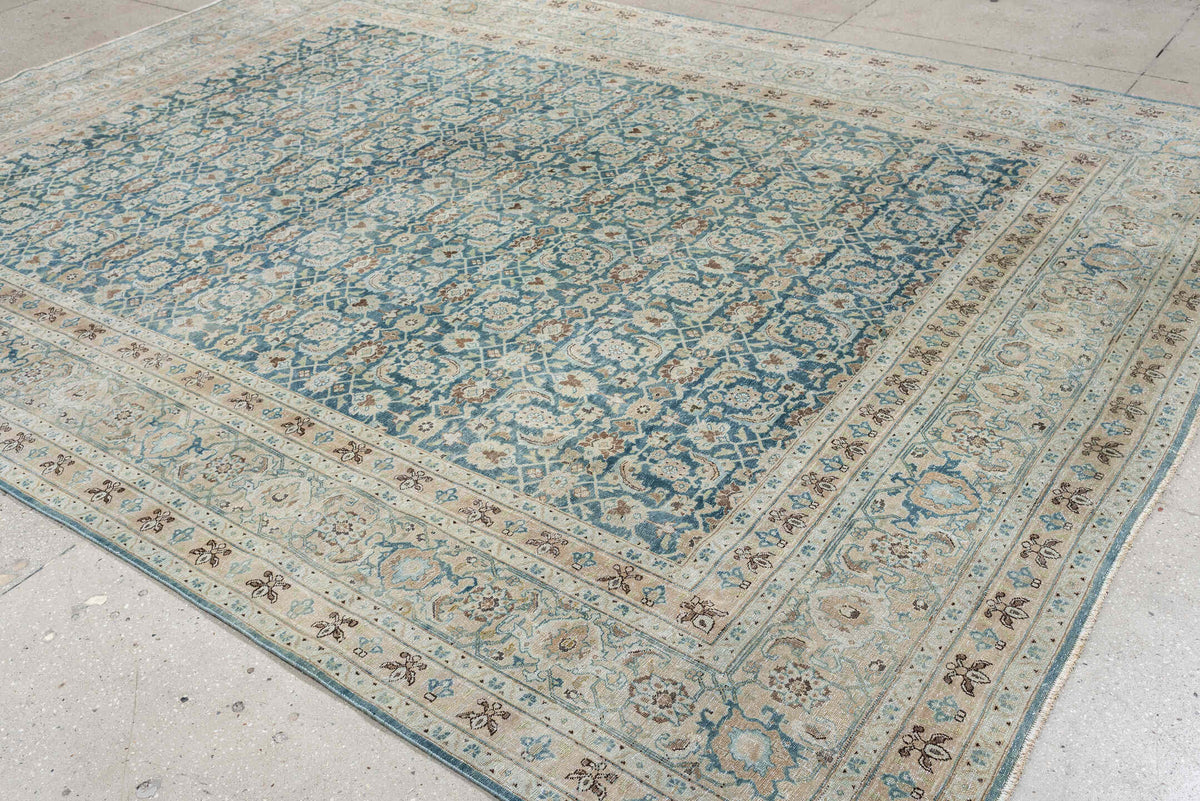 9' x 12' one-of-a-kind handmade antique Tabriz large size rug. Color palette: teal, ivory, sand, taupe, camel, slate, brown
