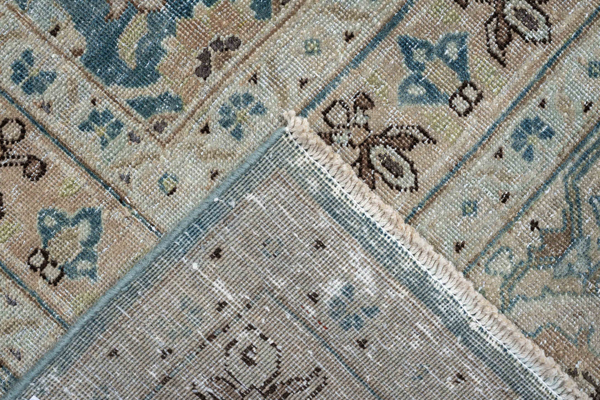 9' x 12' one-of-a-kind handmade antique Tabriz large size rug. Color palette: teal, ivory, sand, taupe, camel, slate, brown