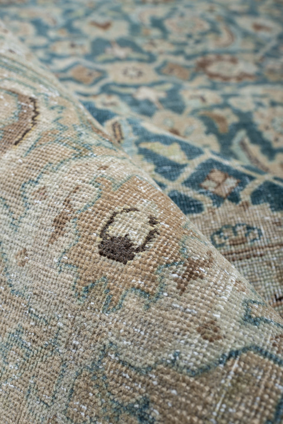9' x 12' one-of-a-kind handmade antique Tabriz large size rug. Color palette: teal, ivory, sand, taupe, camel, slate, brown