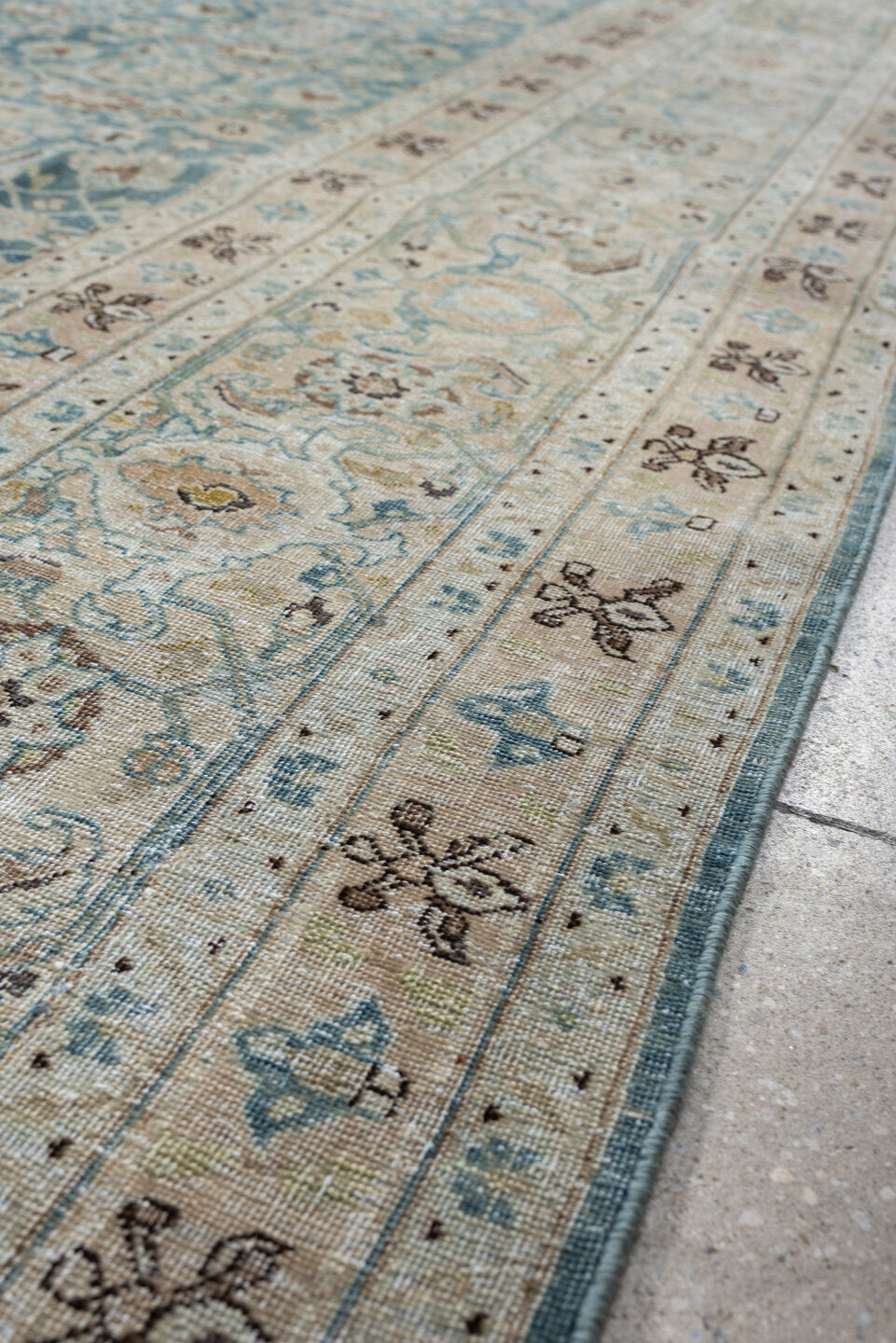 9' x 12' one-of-a-kind handmade antique Tabriz large size rug. Color palette: teal, ivory, sand, taupe, camel, slate, brown