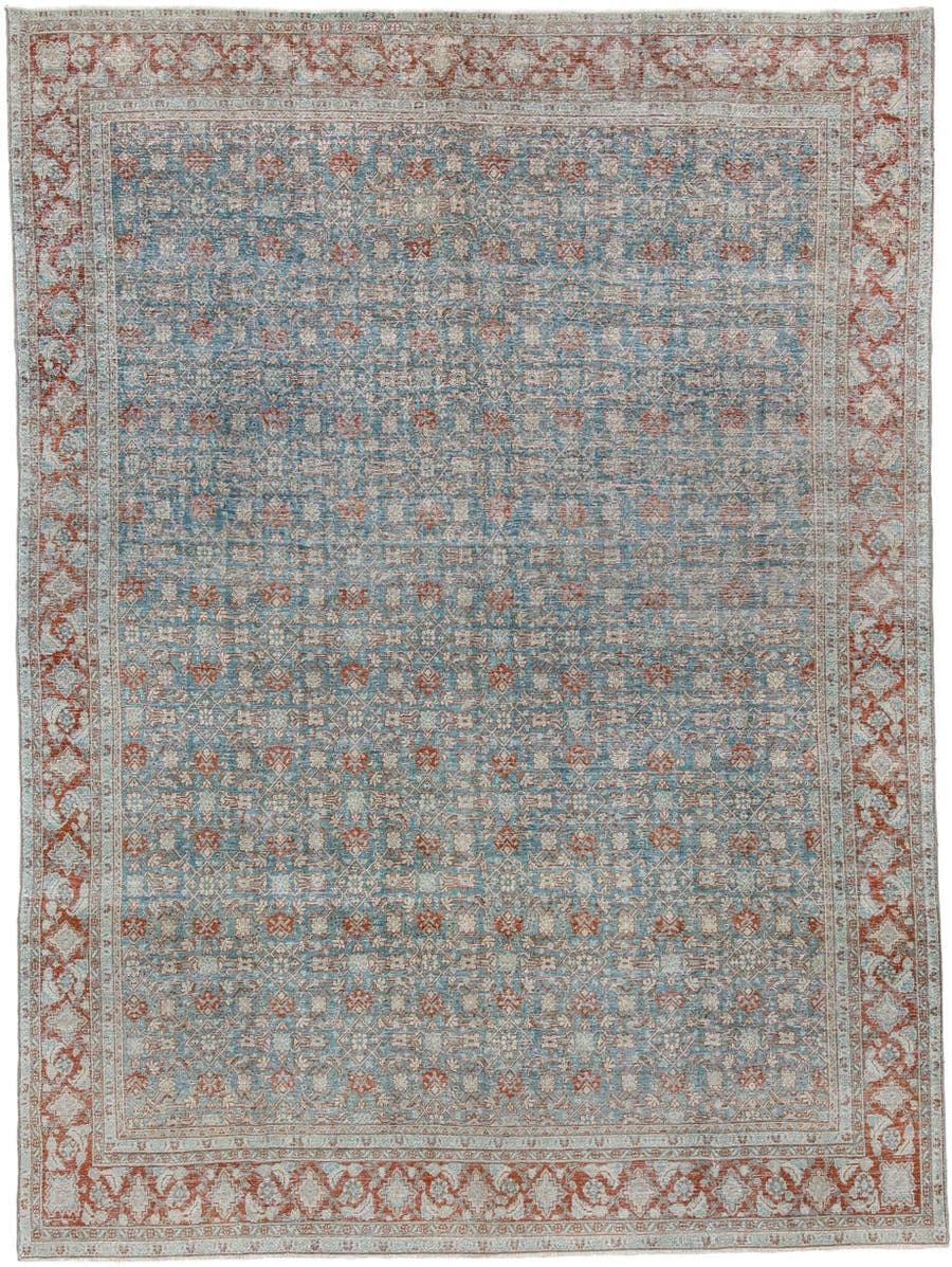 9' x 12' one-of-a-kind handmade antique Tabriz large size rug. Color palette: turquoise, ivory, rust, terracotta, sage