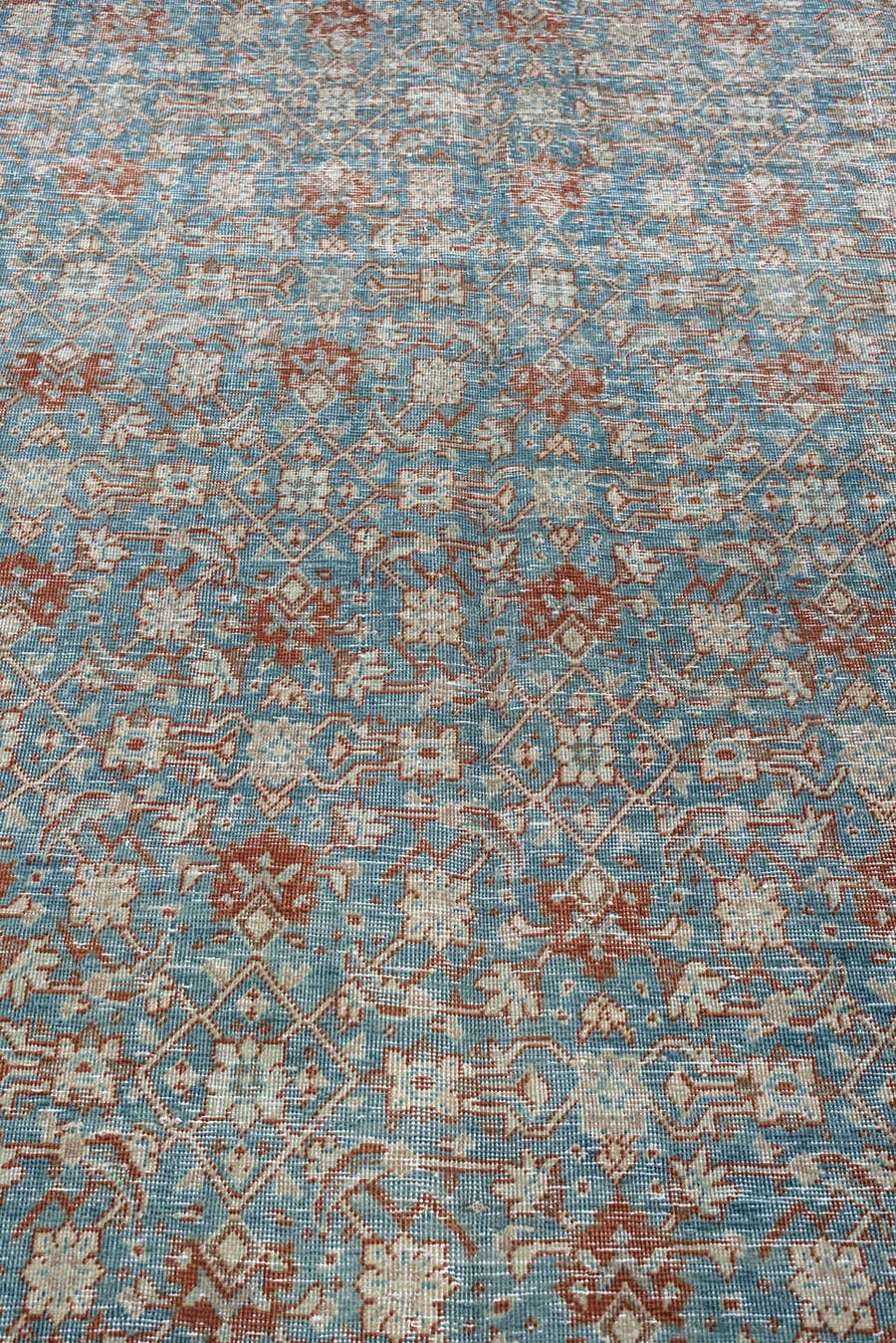 9' x 12' one-of-a-kind handmade antique Tabriz large size rug. Color palette: turquoise, ivory, rust, terracotta, sage