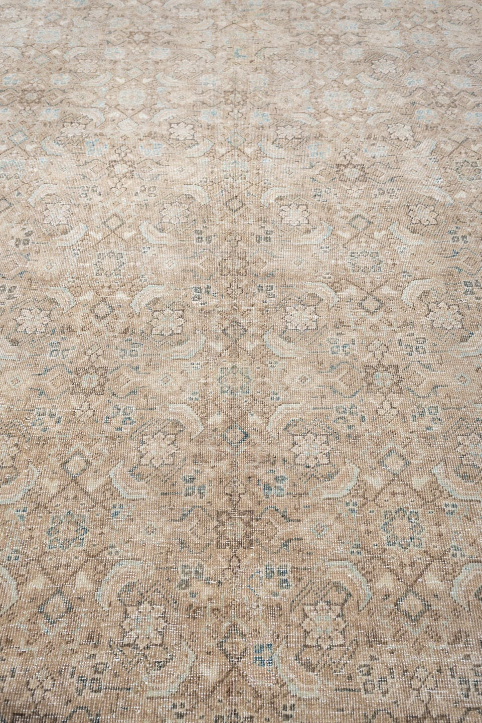 7' x 10' one-of-a-kind handmade antique Mahal large size rug. Color palette: ivory, taupe, beige, pale blue, charcoal, camel