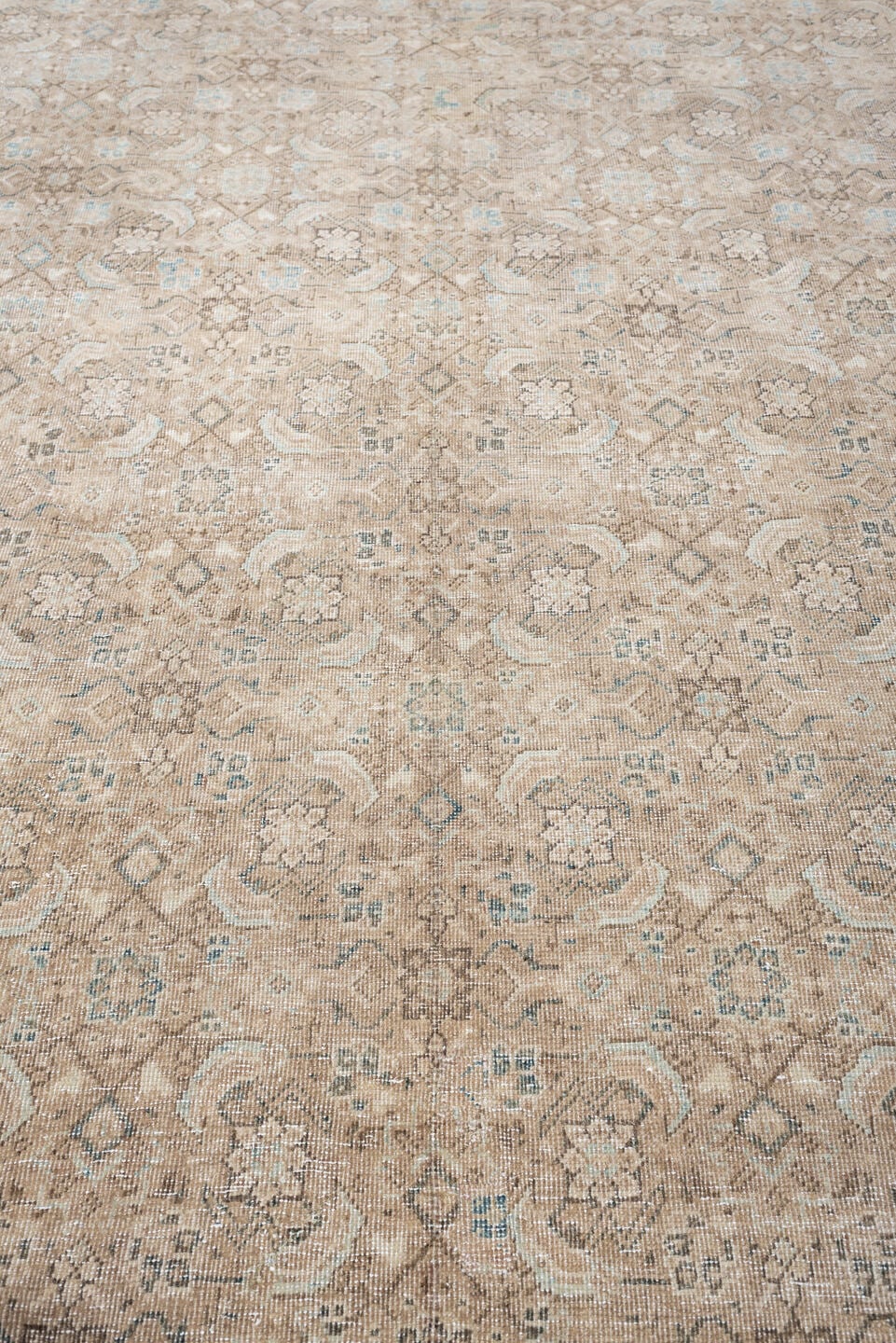 7' x 10' one-of-a-kind handmade antique Mahal large size rug. Color palette: ivory, taupe, beige, pale blue, charcoal, camel