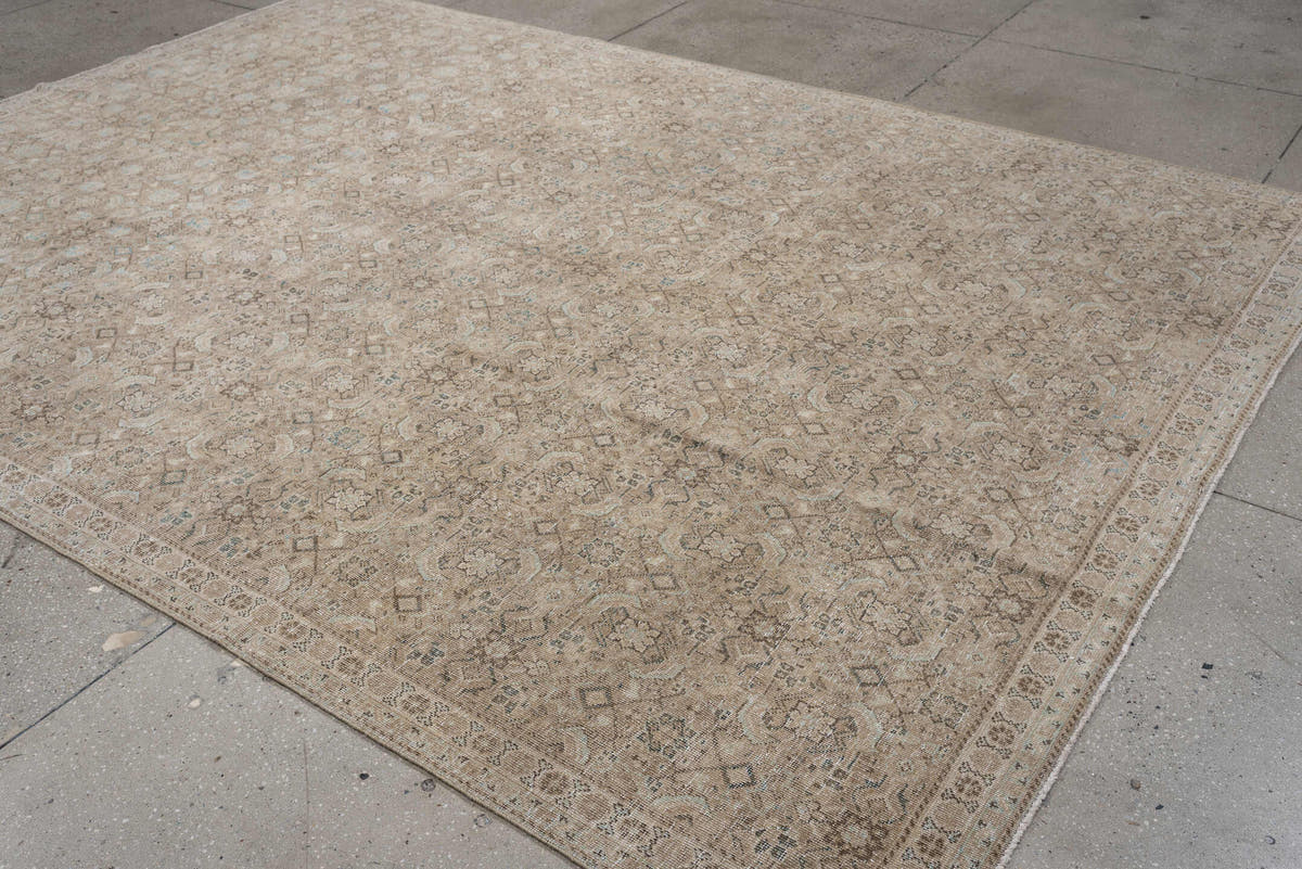 7' x 10' one-of-a-kind handmade antique Mahal large size rug. Color palette: ivory, taupe, beige, pale blue, charcoal, camel