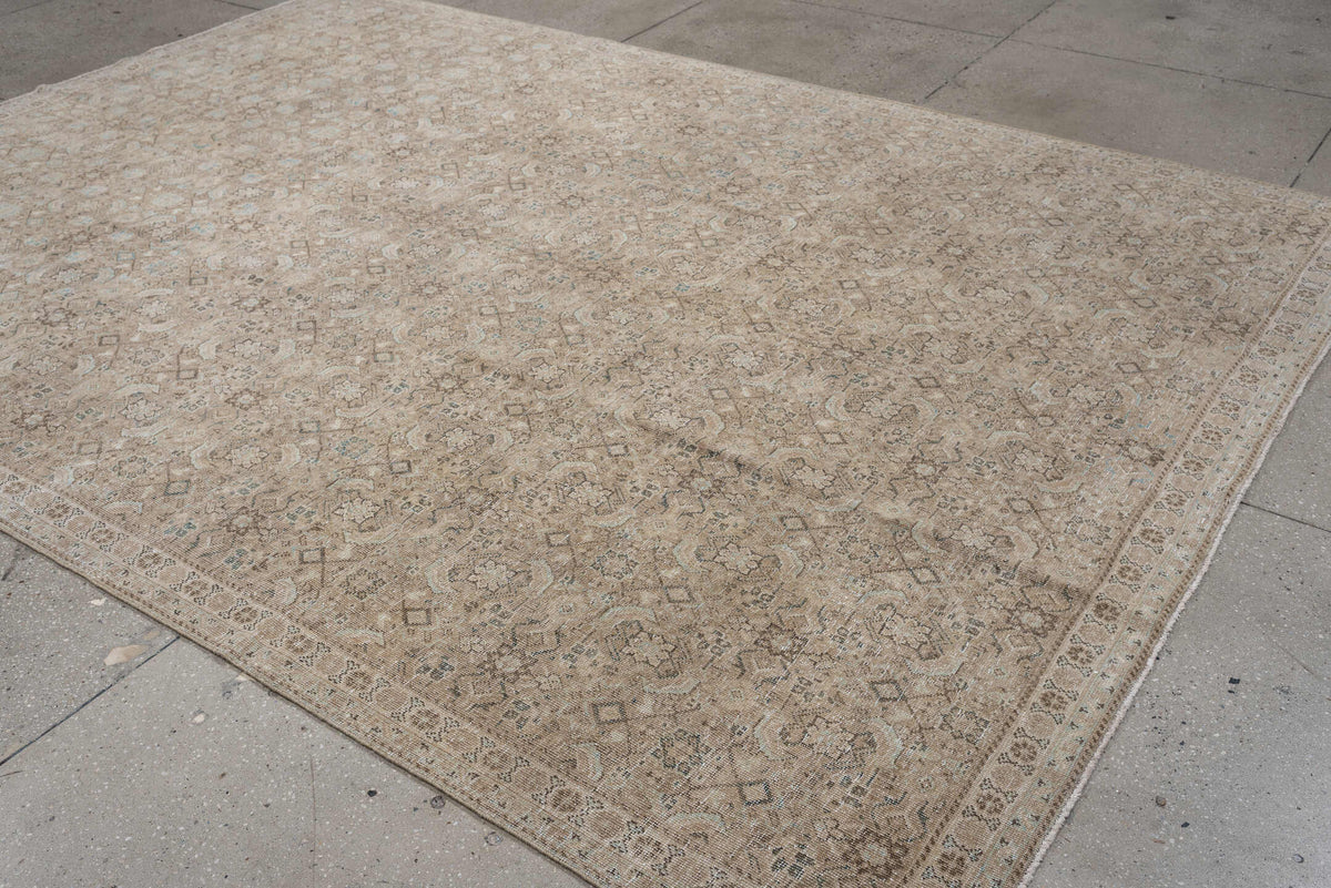 7' x 10' one-of-a-kind handmade antique Mahal large size rug. Color palette: ivory, taupe, beige, pale blue, charcoal, camel