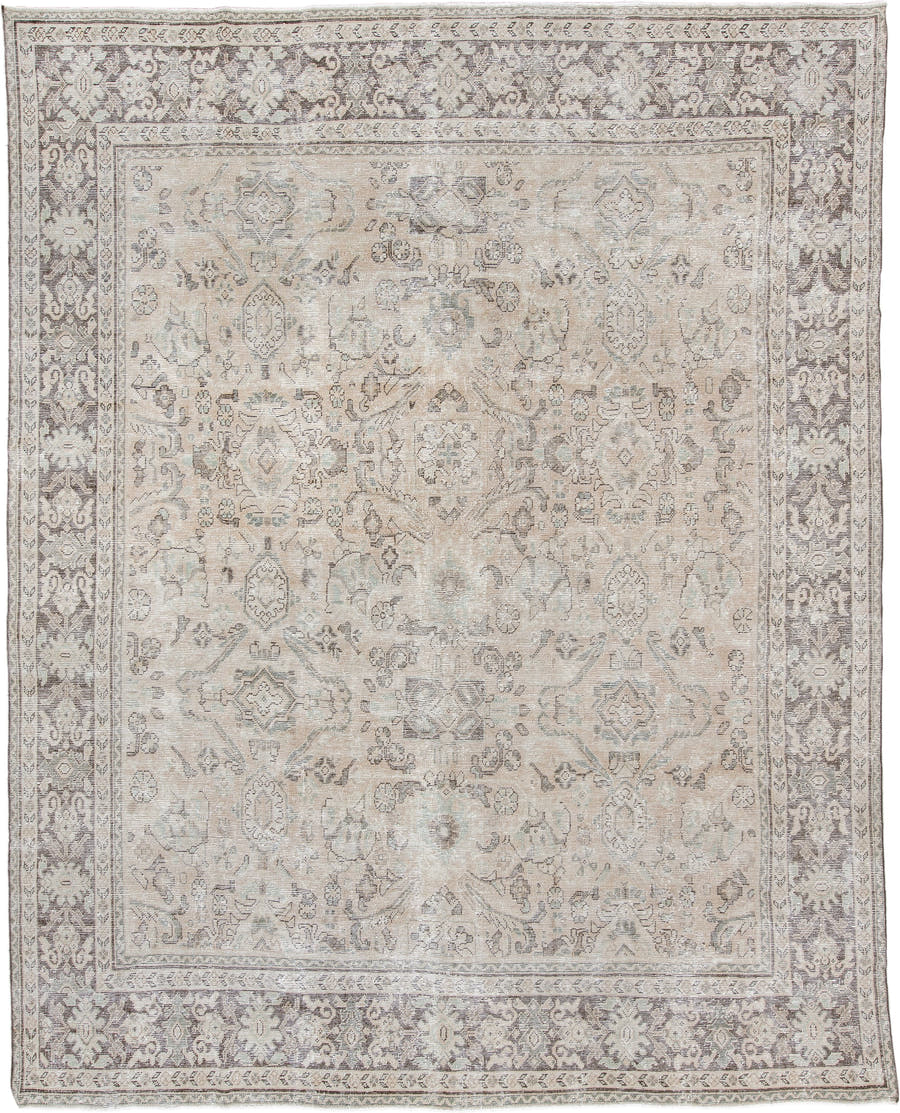 10' x 12' one-of-a-kind handmade antique Mahal large size rug. Color palette: ivory, taupe, blue gray, charcoal, beige, sage