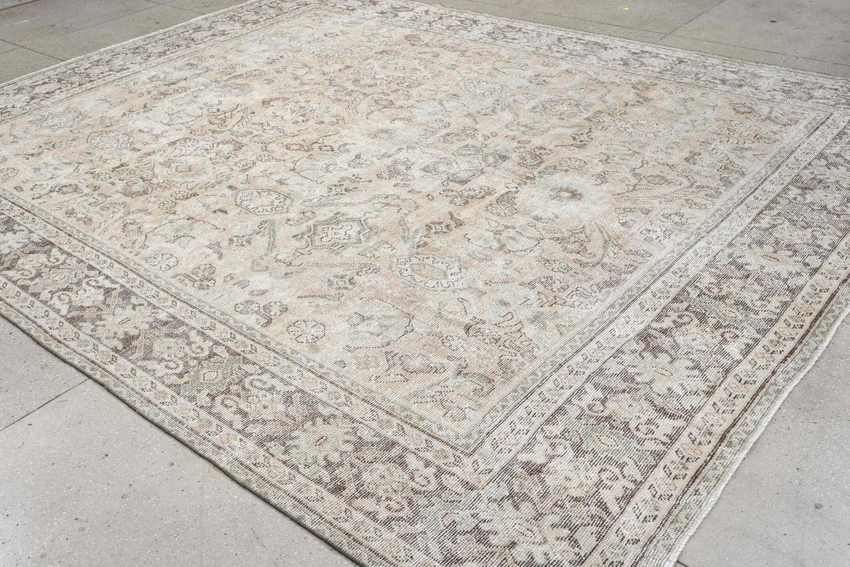10' x 12' one-of-a-kind handmade antique Mahal large size rug. Color palette: ivory, taupe, blue gray, charcoal, beige, sage