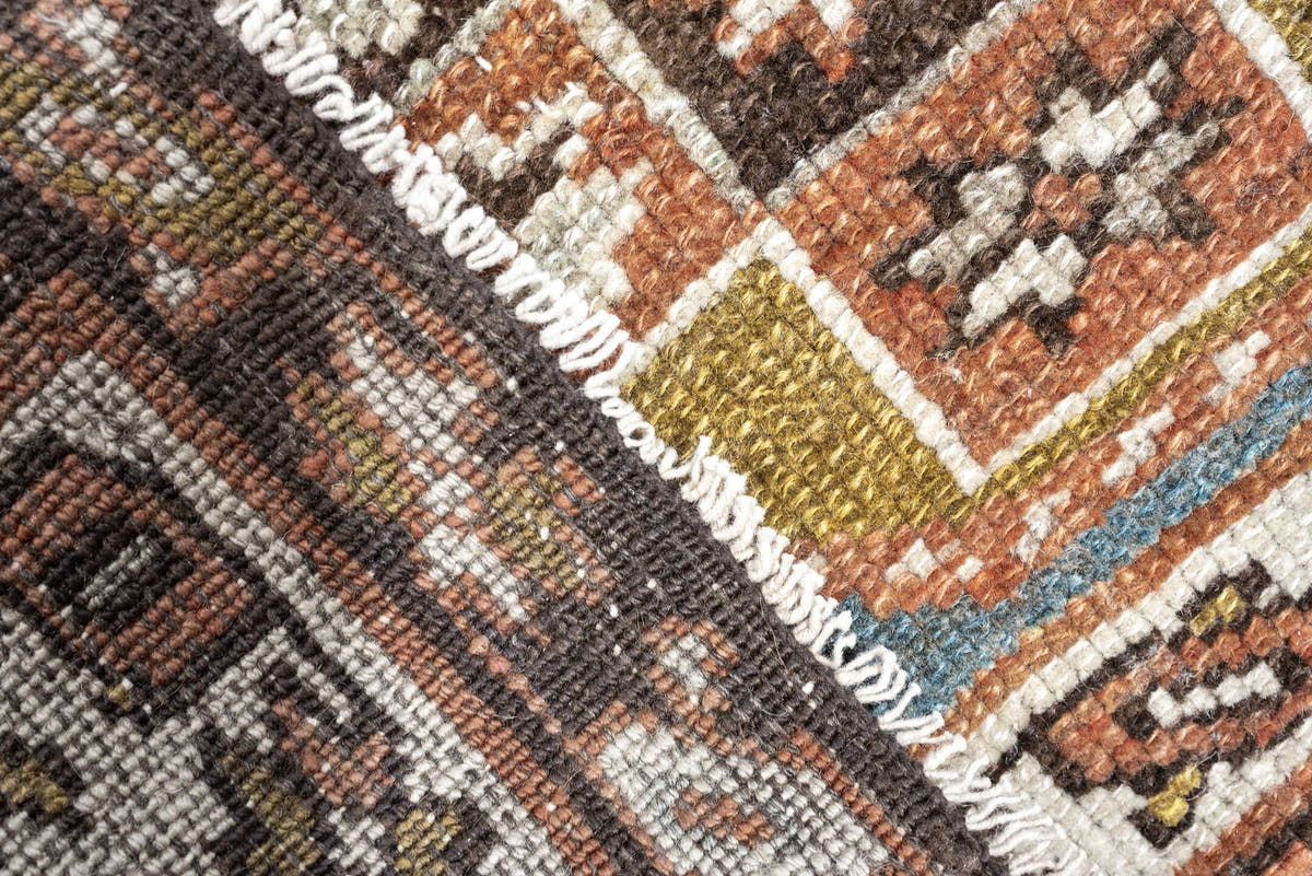 2' x 12' one-of-a-kind handmade antique Kurd runner rug. Color palette: blue green, rust, ivory, dark brown, ochre, olive