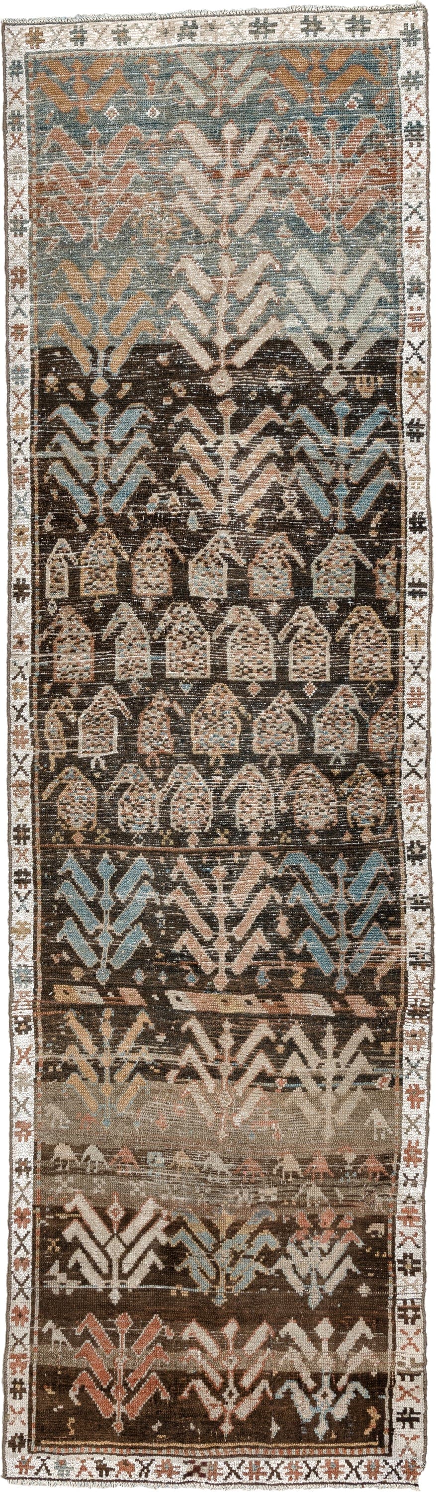 2' x 8' one-of-a-kind handmade antique Kurd runner rug. Color palette: charcoal, ivory, blue gray, taupe, terracotta, brown