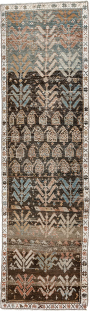 2' x 8' one-of-a-kind handmade antique Kurd runner rug. Color palette: charcoal, ivory, blue gray, taupe, terracotta, brown