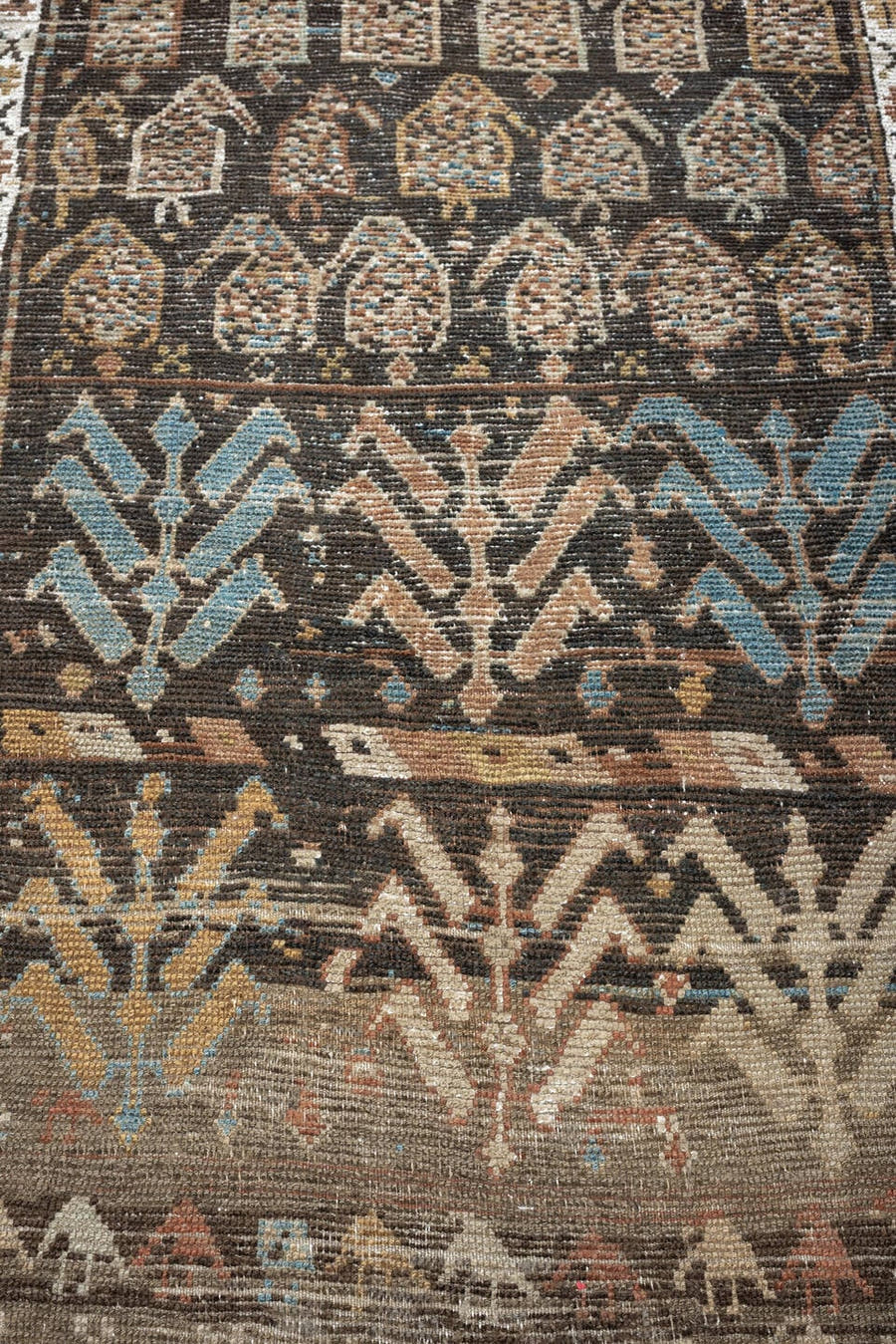 2' x 8' one-of-a-kind handmade antique Kurd runner rug. Color palette: charcoal, ivory, blue gray, taupe, terracotta, brown