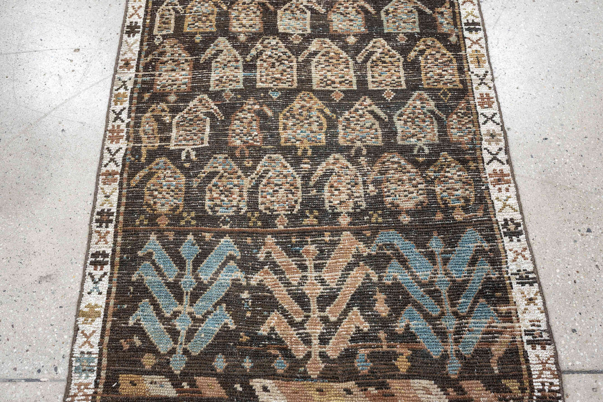2' x 8' one-of-a-kind handmade antique Kurd runner rug. Color palette: charcoal, ivory, blue gray, taupe, terracotta, brown