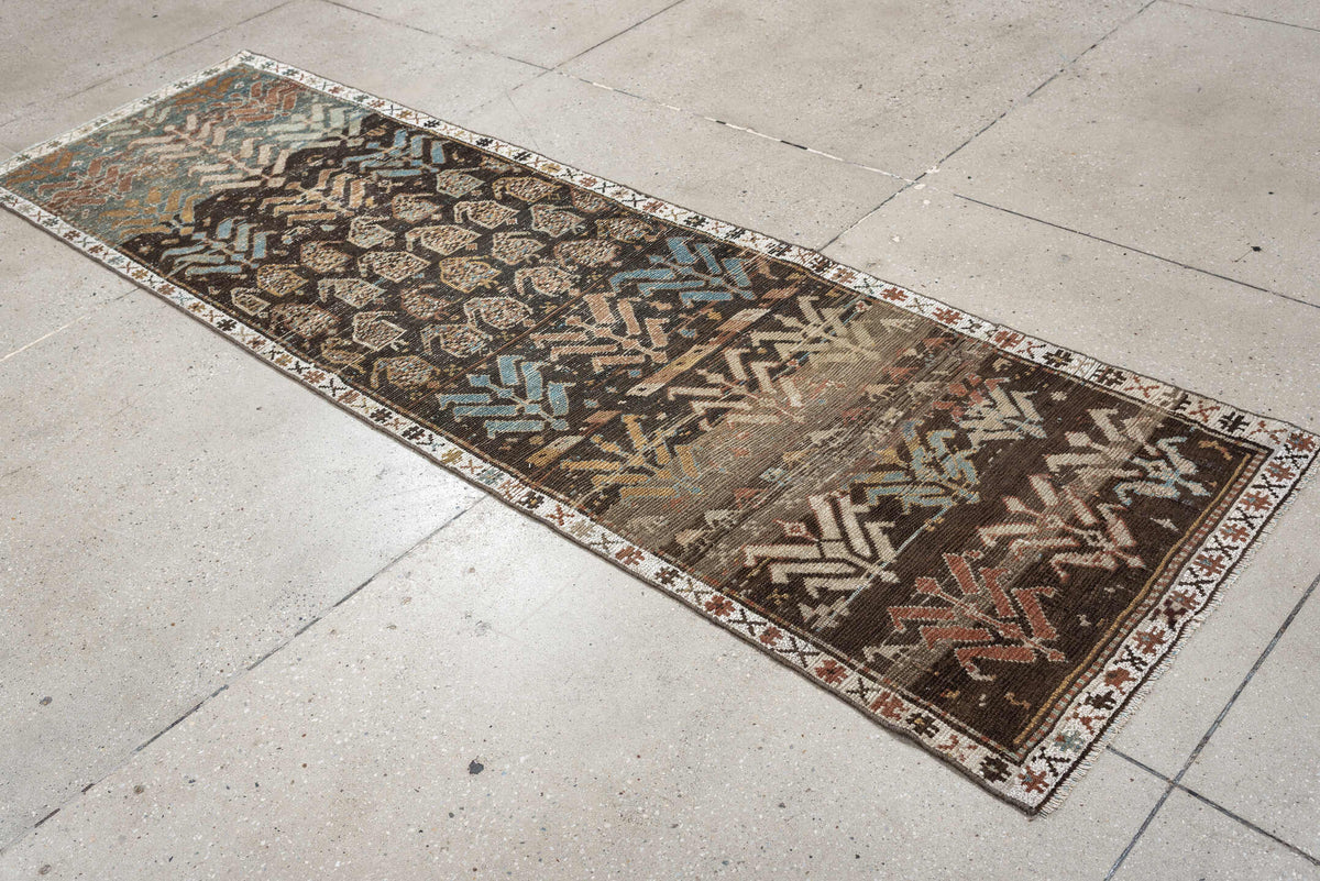 2' x 8' one-of-a-kind handmade antique Kurd runner rug. Color palette: charcoal, ivory, blue gray, taupe, terracotta, brown