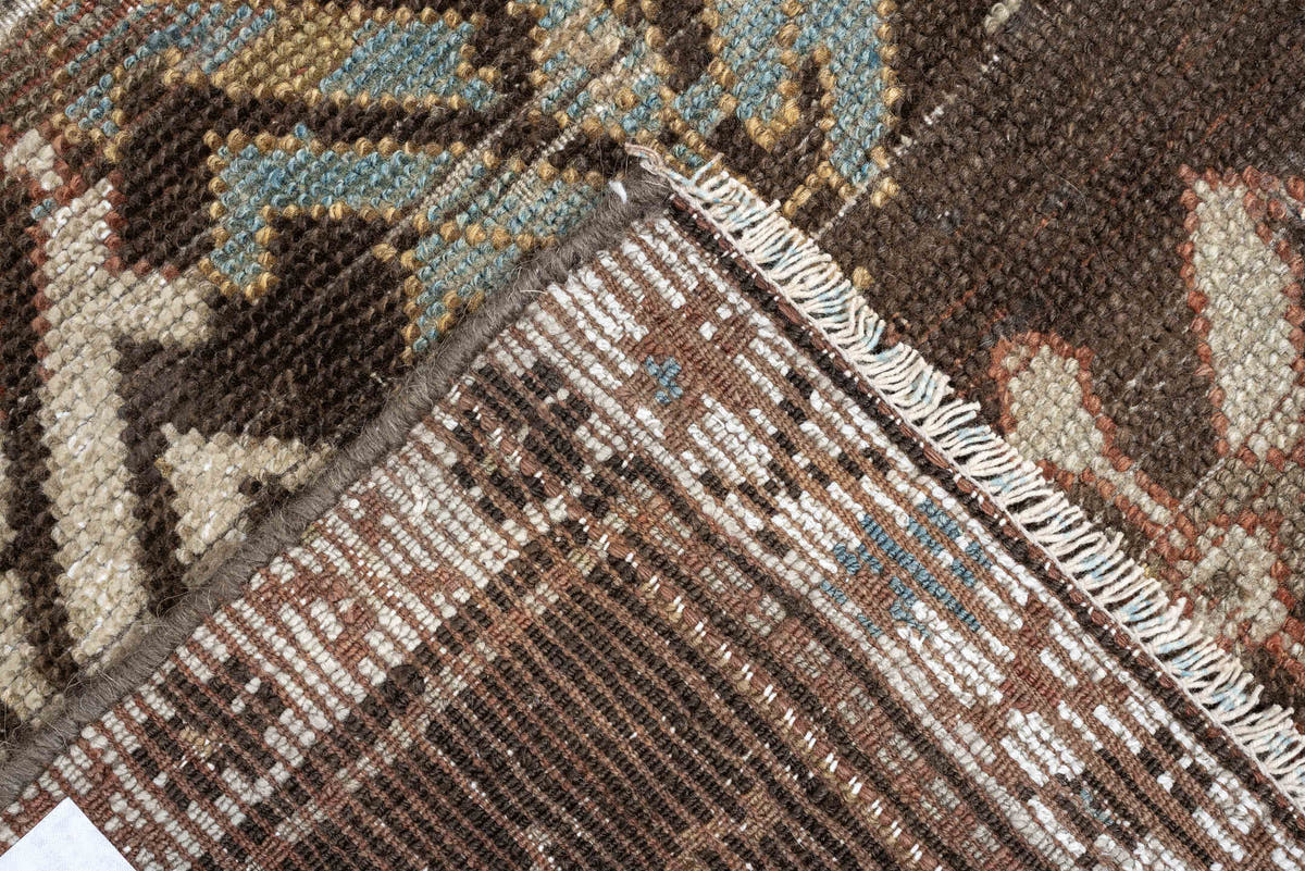 2' x 8' one-of-a-kind handmade antique Kurd runner rug. Color palette: charcoal, ivory, blue gray, taupe, terracotta, brown