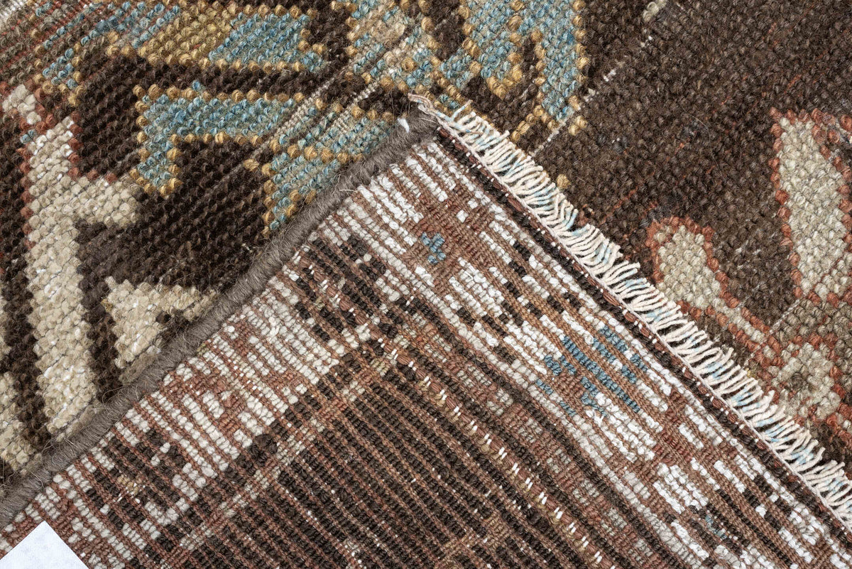 2' x 8' one-of-a-kind handmade antique Kurd runner rug. Color palette: charcoal, ivory, blue gray, taupe, terracotta, brown