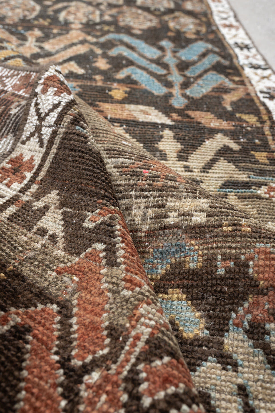 2' x 8' one-of-a-kind handmade antique Kurd runner rug. Color palette: charcoal, ivory, blue gray, taupe, terracotta, brown