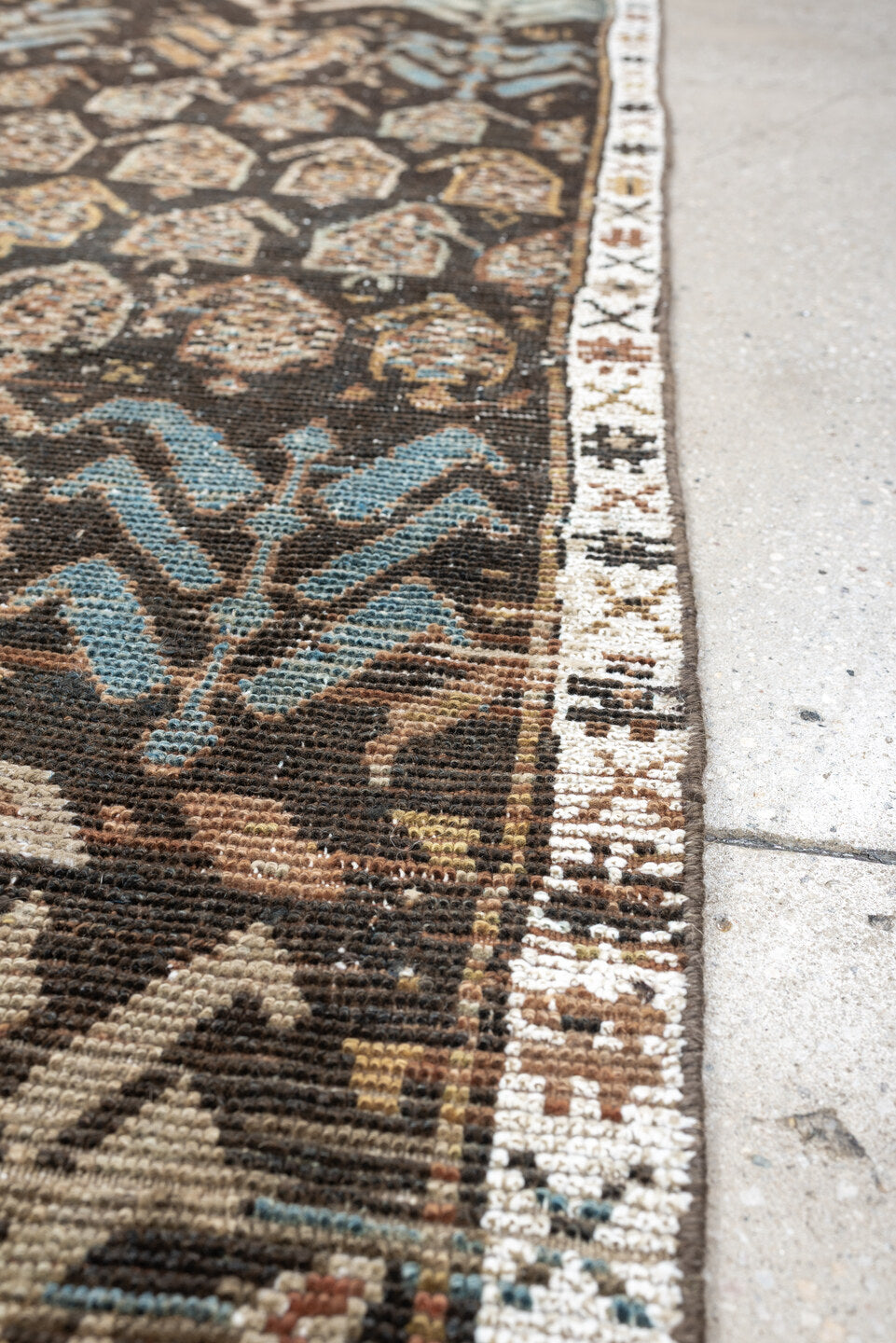 2' x 8' one-of-a-kind handmade antique Kurd runner rug. Color palette: charcoal, ivory, blue gray, taupe, terracotta, brown
