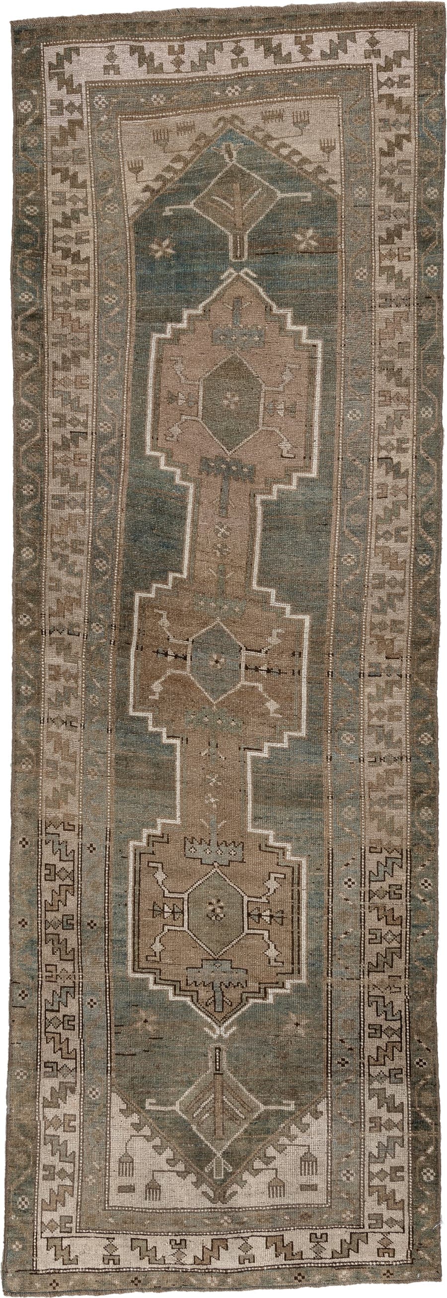 3' x 9' one-of-a-kind handmade antique Kurd runner rug. Color palette: blue green, taupe, ivory, charcoal, sage, brown