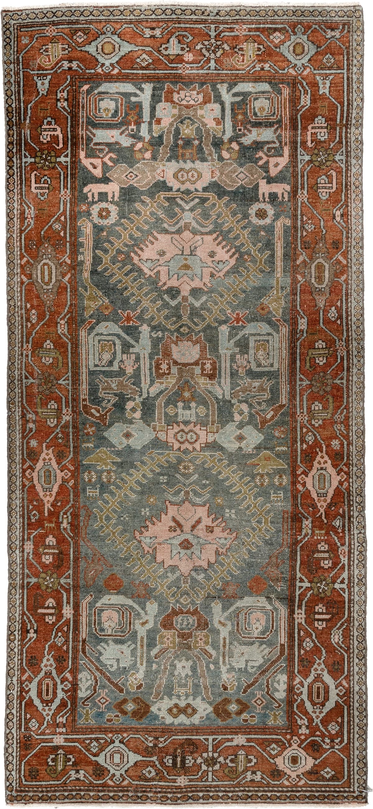 3' x 7' one-of-a-kind handmade antique Malayer runner rug. Color palette: sage, rust, ivory, dusty rose, charcoal, ochre