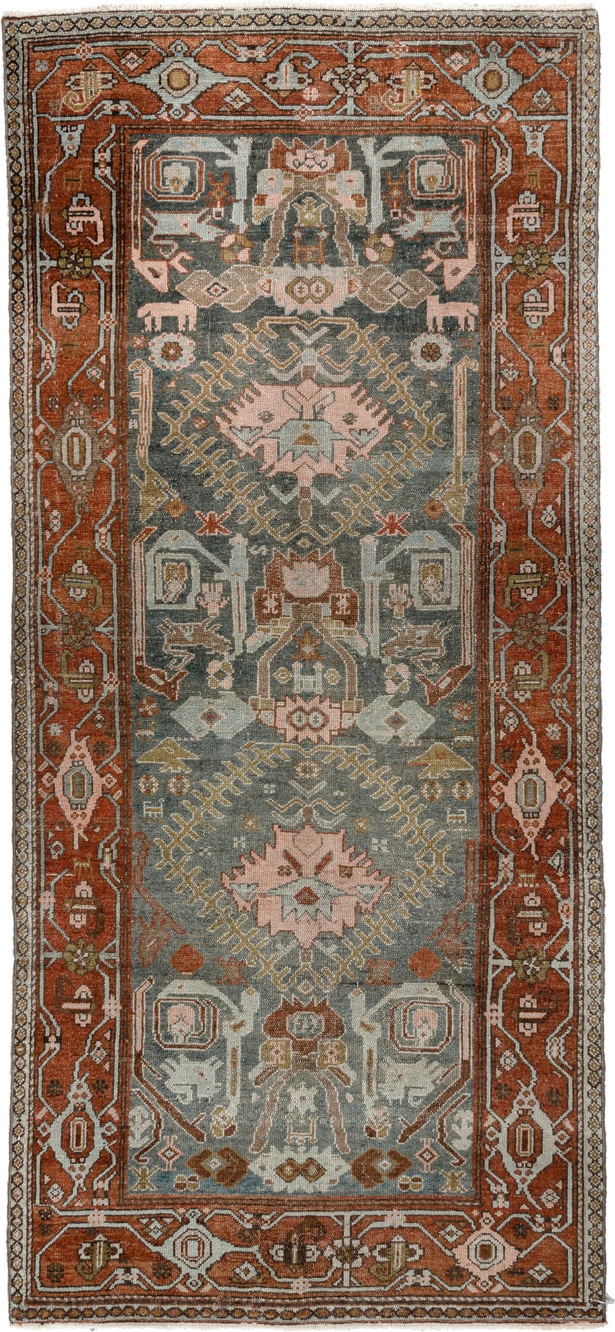 3' x 7' one-of-a-kind handmade antique Malayer runner rug. Color palette: sage, rust, ivory, dusty rose, charcoal, ochre