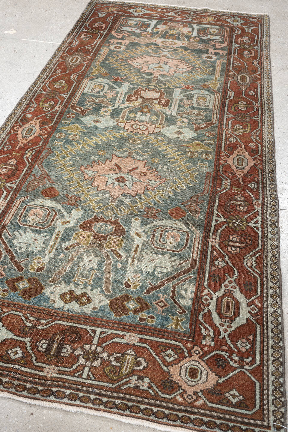 3' x 7' one-of-a-kind handmade antique Malayer runner rug. Color palette: sage, rust, ivory, dusty rose, charcoal, ochre
