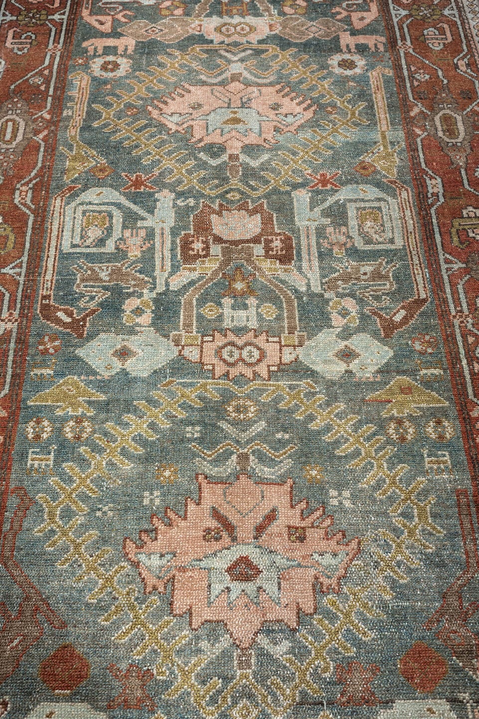 3' x 7' one-of-a-kind handmade antique Malayer runner rug. Color palette: sage, rust, ivory, dusty rose, charcoal, ochre