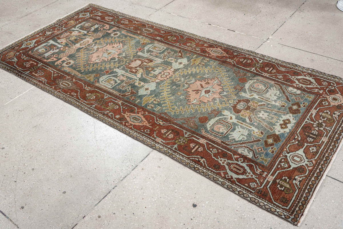 3' x 7' one-of-a-kind handmade antique Malayer runner rug. Color palette: sage, rust, ivory, dusty rose, charcoal, ochre