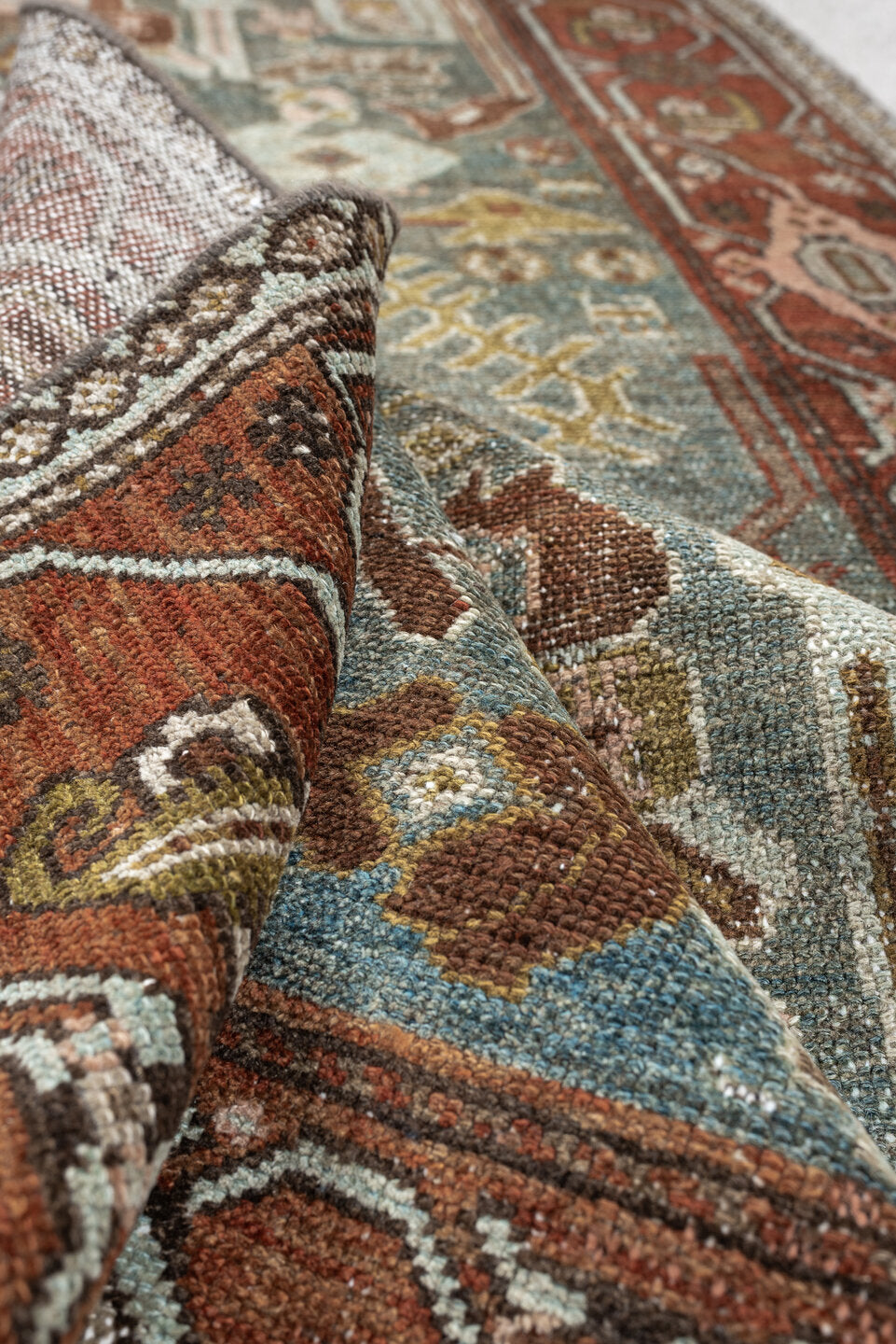 3' x 7' one-of-a-kind handmade antique Malayer runner rug. Color palette: sage, rust, ivory, dusty rose, charcoal, ochre