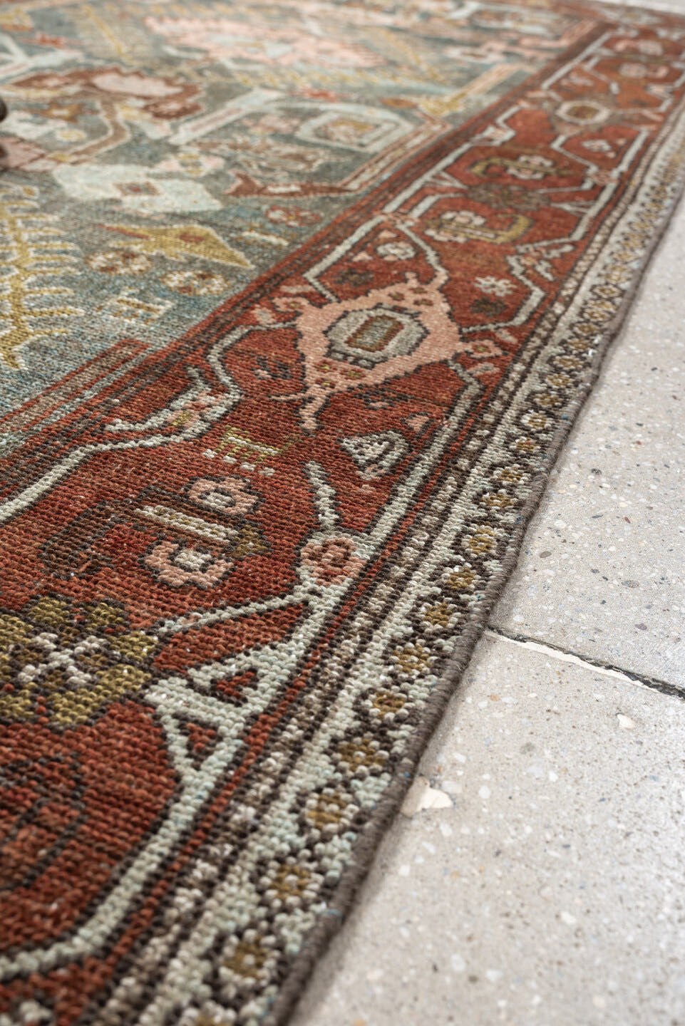 3' x 7' one-of-a-kind handmade antique Malayer runner rug. Color palette: sage, rust, ivory, dusty rose, charcoal, ochre