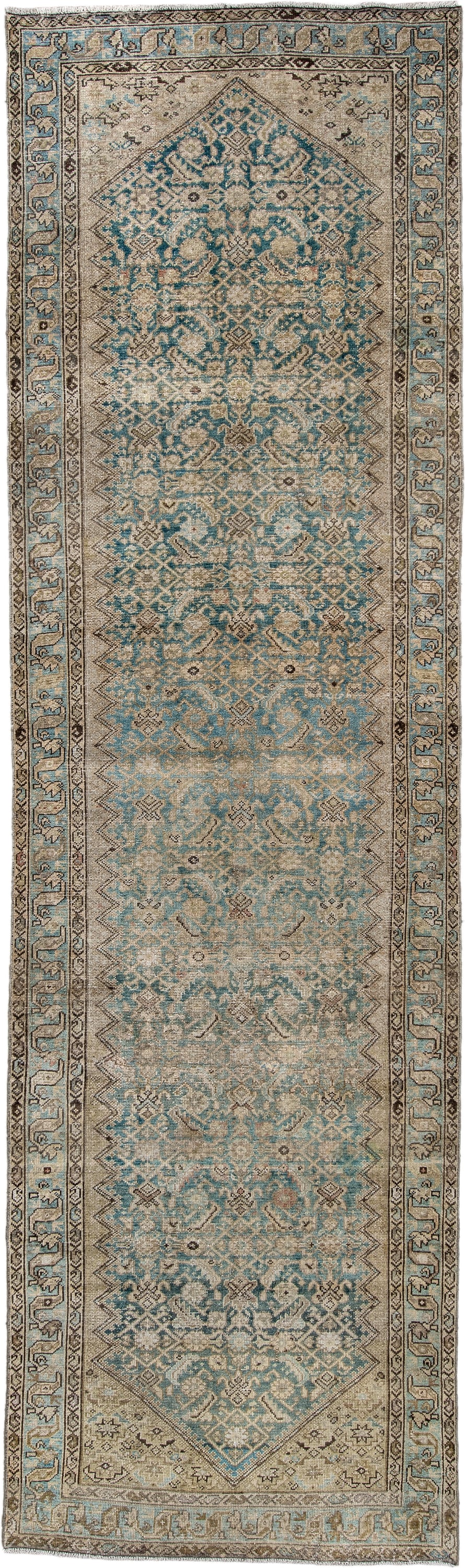 3' x 11' one-of-a-kind handmade antique Malayer runner rug. Color palette: ivory, turquoise, taupe, soft blue, charcoal