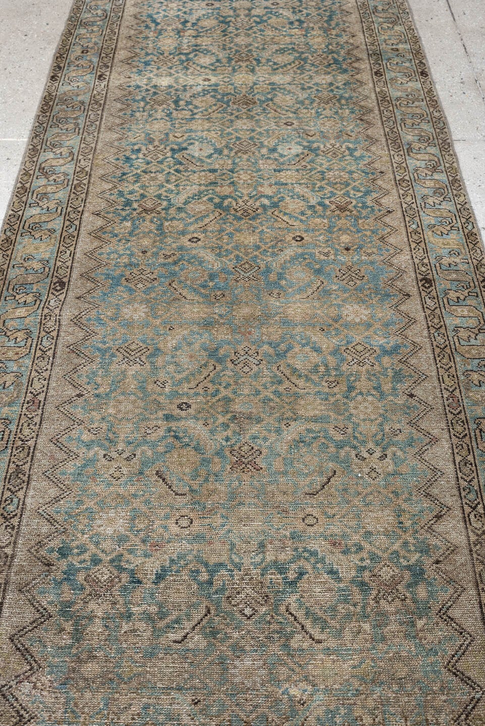 3' x 11' one-of-a-kind handmade antique Malayer runner rug. Color palette: ivory, turquoise, taupe, soft blue, charcoal