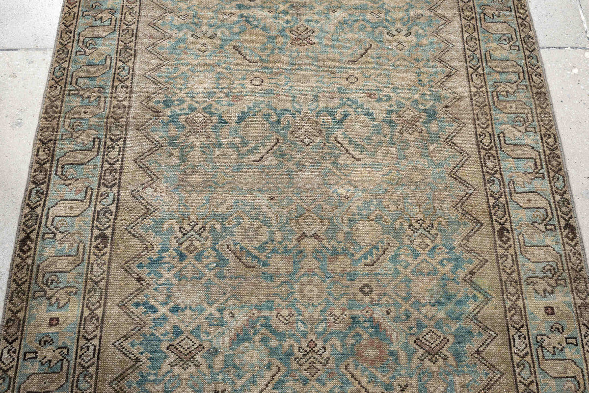 3' x 11' one-of-a-kind handmade antique Malayer runner rug. Color palette: ivory, turquoise, taupe, soft blue, charcoal
