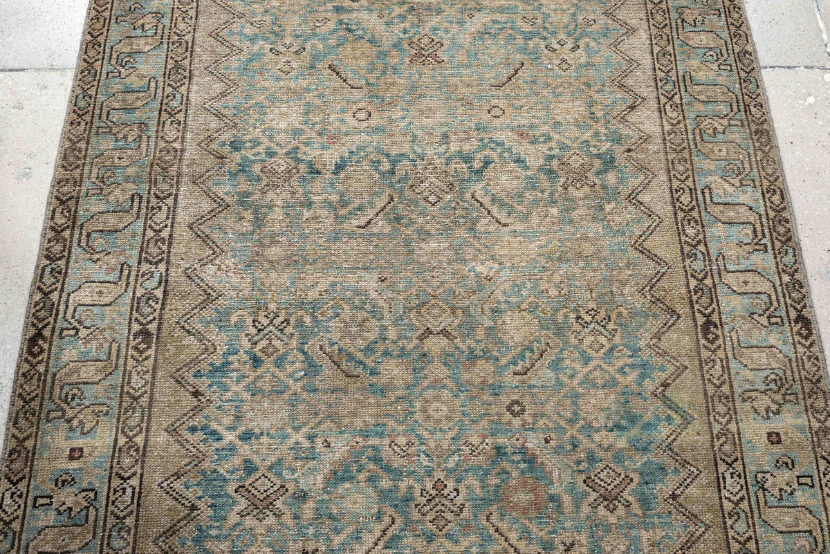 3' x 11' one-of-a-kind handmade antique Malayer runner rug. Color palette: ivory, turquoise, taupe, soft blue, charcoal